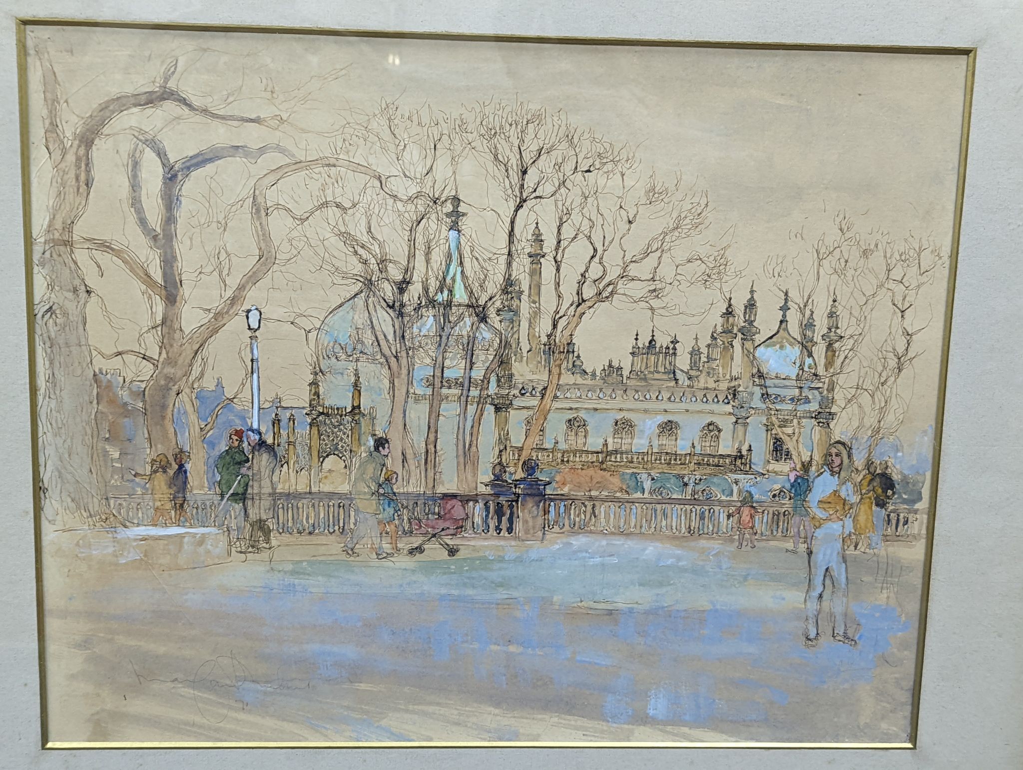 Margaret Milnes (b.1908), pair of ink and watercolour studies, Figures before Brighton Pavilion and On The Promenade, indistinctly signed and dated '71, 30 x 50cm